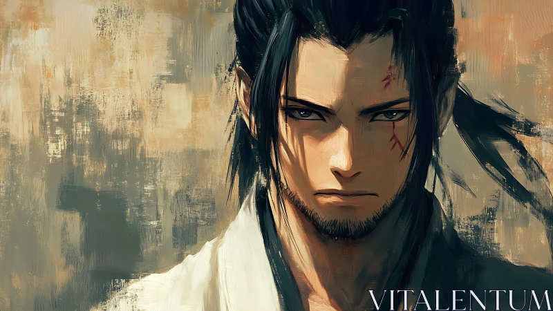Brooding anime swordsman portrait in painterly brushwork.