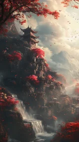 Mountain temple complex with waterfalls and red foliage.