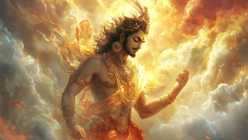 Radiant celestial warrior strides through glowing golden clouds