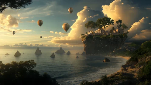 Sunlit floating island welcomes gentle hot air balloons home