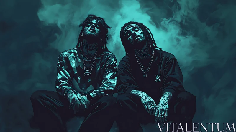 Moody neon duo drifting through a storm of teal smoke.