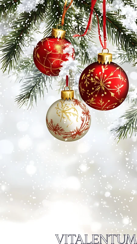 Three glass ornaments hang from a snow covered fir branch