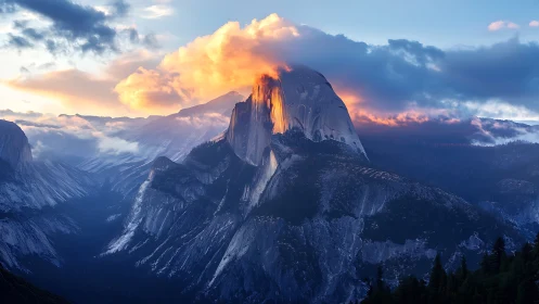 Sunrise fire crowns a granite giant in misty valley hush