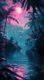 Neon lunar jungle river in cinematic vertical digital painting.