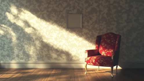 Sunlit red armchair casts shadows on patterned wall