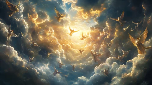 Radiant host of golden angels swirling in stormlit heaven.