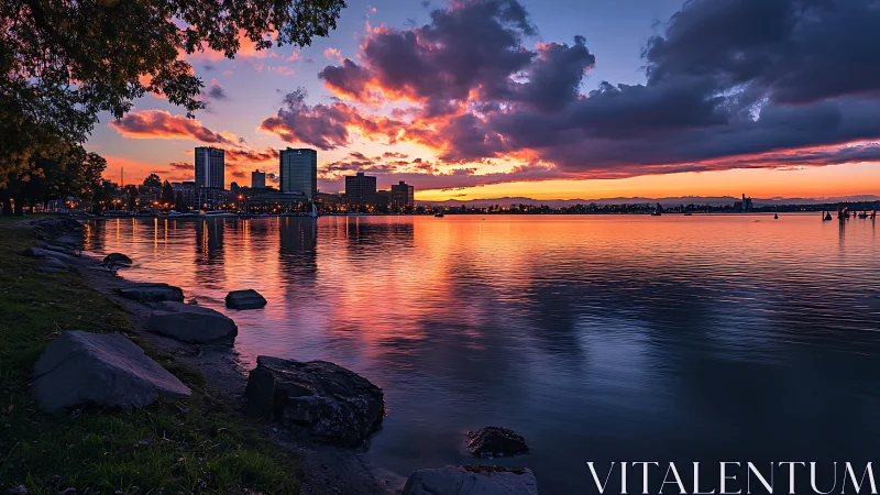 Urban waterfront skyline under vivid sunset cloud cover.
