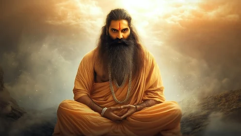 Serene bearded sage meditating in warm golden light.