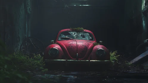 Rust-red beetle car decays in overgrown industrial ruin.