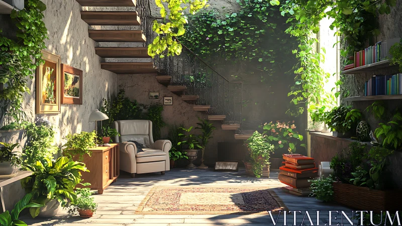 Digital painting of sunlit indoor garden reading loft interior.