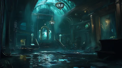 Flooded grand hall glows under fractured skylight