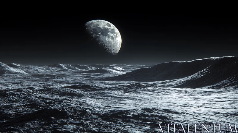 Moonlit frozen alien seascape under dark starless sky.