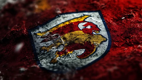 Battleworn gryphon crest clawing through rusted crimson stone.