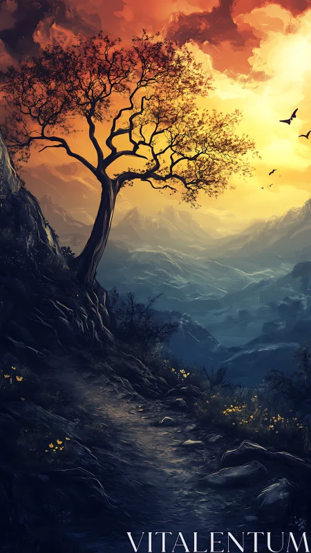 Solitary ridge tree above twilight valley under burning sky