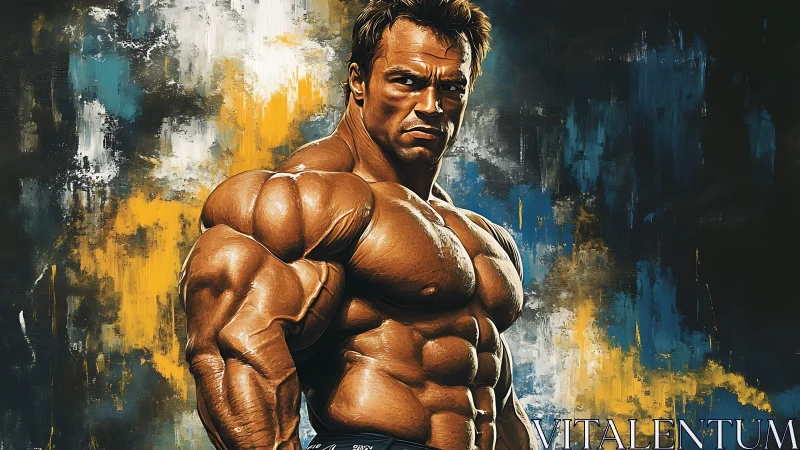 Bronze titan of muscle framed by wild abstract thunderclouds.