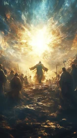 Radiant leader walks toward a sky blazing with wonder.