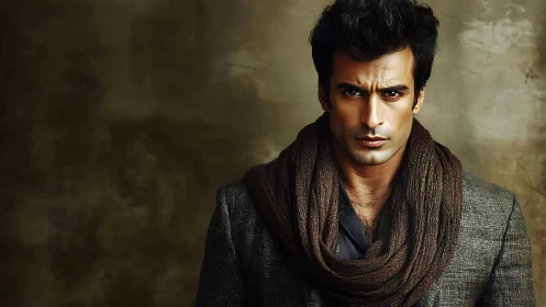 Warmly lit portrait of a stylish man in a textured scarf.