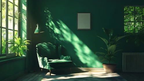 Sunlit emerald reading nook where foliage paints the walls.