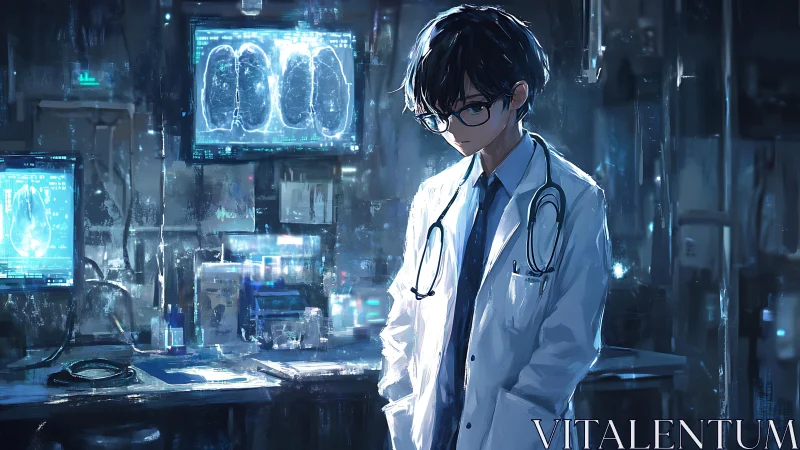Analytical young doctor in neon lit diagnostic workstation scene.