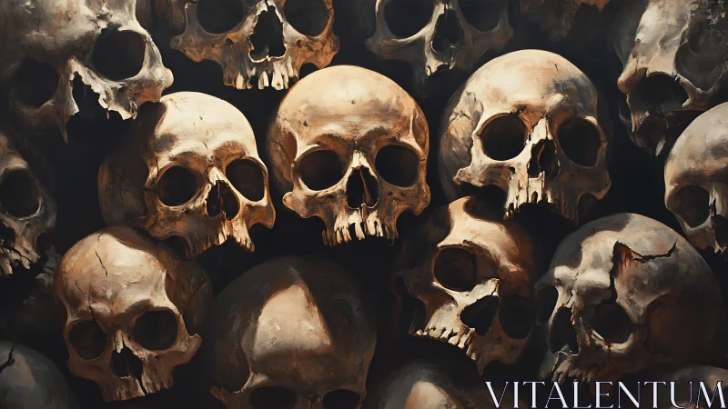 Oil-rendered ossuary still life with layered human skulls.