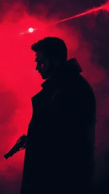 Silhouetted gunman walks through red neon haze at night