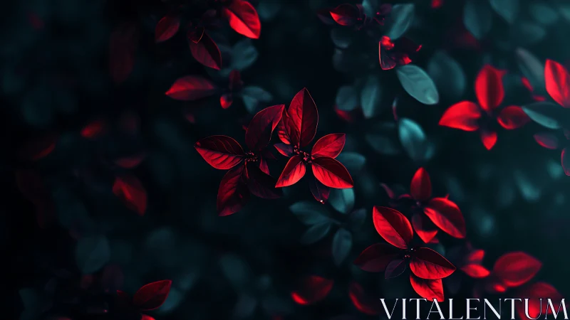 Red foliage glows against deep teal shadowed background