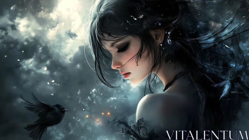 Nocturnal raven muse in luminescent particulate fogscape.