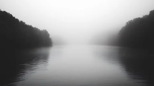 Foggy river corridor dissolves into soft tonal distance