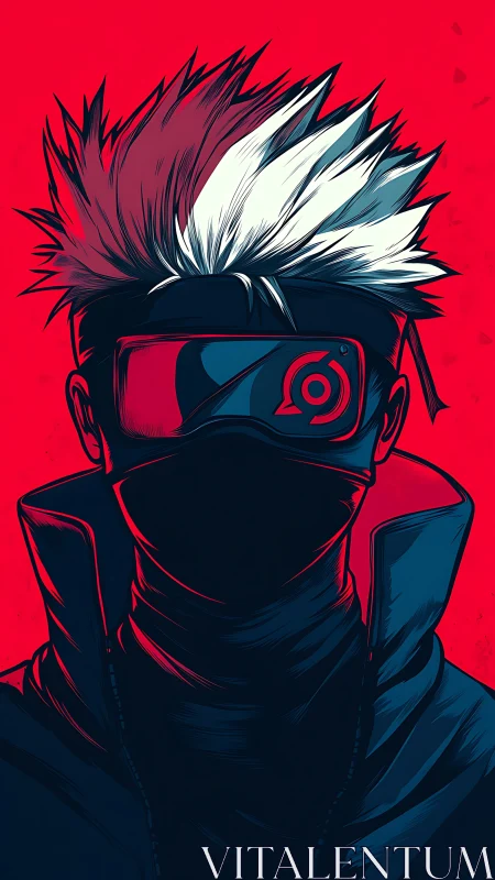 Masked cyber shinobi portrait in stark neon contrast.