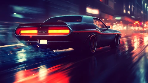 Retro muscle car under neon rain with dynamic motion blur.