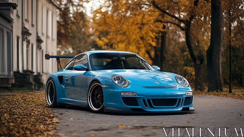 Photorealistic wide-body Porsche in autumn boulevard setting.