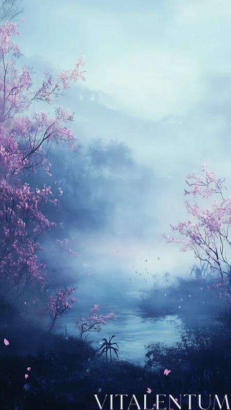 Misty river valley is framed by pink flowering trees