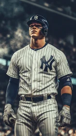 Baseball player in striped uniform stands ready at stadium