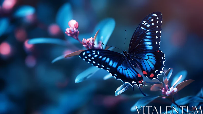 Macro study of blue butterfly on buds with shallow depth-of-field