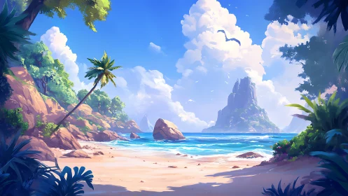 Tropical island landscape with rocky formations and beach terrain.