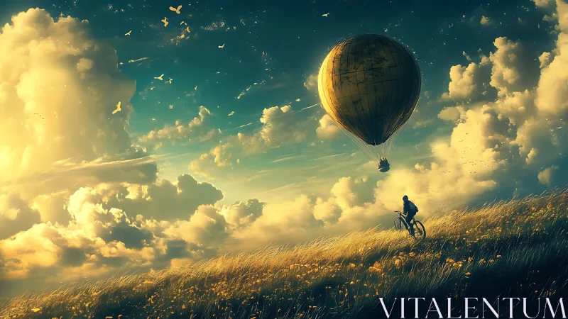 Cyclist chases golden balloon under stormlit dream sky.