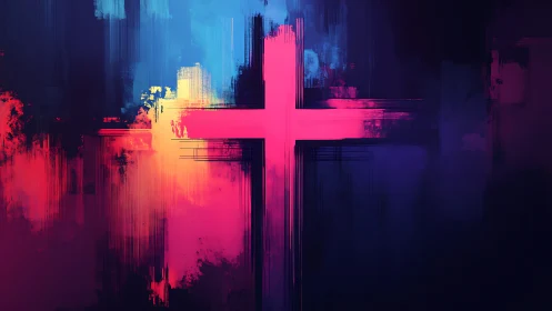 Digital painting of luminous cross in neon abstract field.