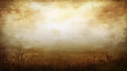 Hushed dawn meadow dissolving into luminous golden haze.