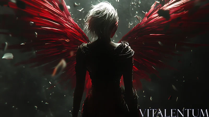 Silhouetted winged figure with red feathers in dark space.