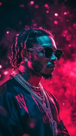 Neon backlit portrait of rapper in pink bokeh haze, 3D realism