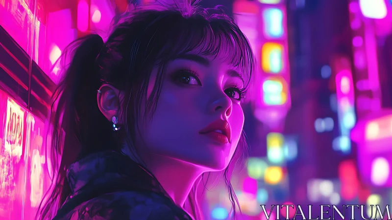 Portrait of a young woman in neon illuminated urban street