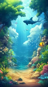Underwater canyon glows with radiant marine life and light.