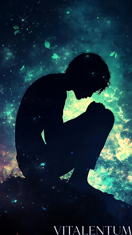 Silhouette of pensive person against glowing starry sky.
