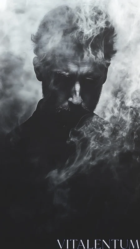 Low key portrait of man partially obscured by swirling smoke.