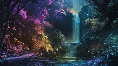 Multicolored forest ravine with central waterfall at dusk.