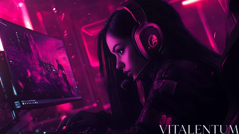 Neon-lit cyber gamer at widescreen rig, magenta backlighting