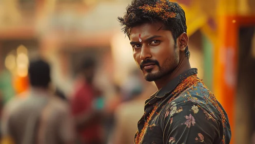 Man with floral shirt in festive street environment. Period.