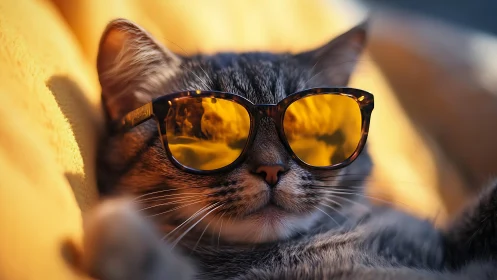 Cool cat wearing vintage amber sunglasses in golden light.