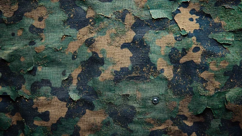 Weathered camouflage surface reveals textured decay in detail