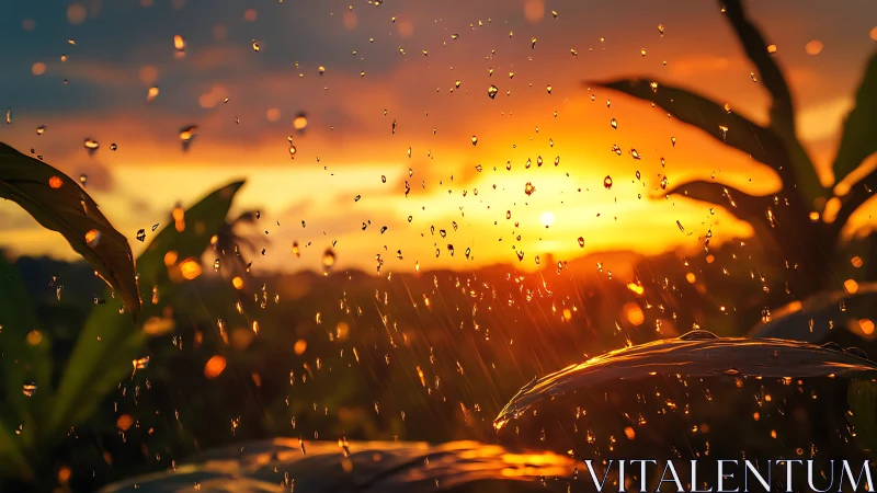 Golden-hour rain over tropical foliage glows in backlight
